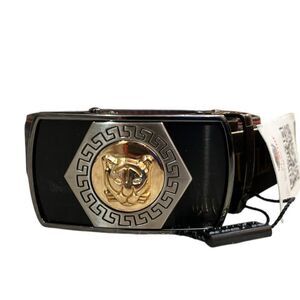 PLATINI Men’s Medium Textured Black Auto Press Gold Tone Panther Belt Buckle NWT